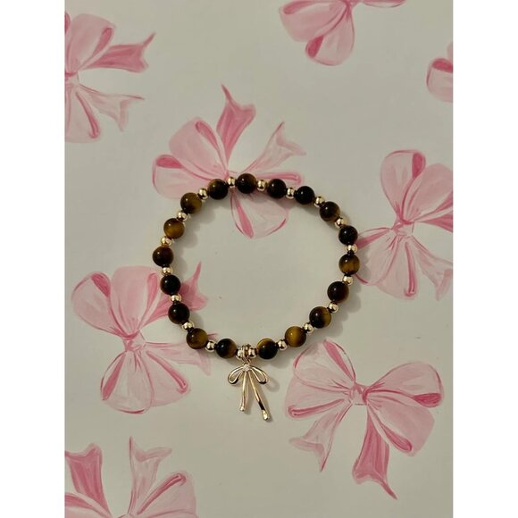 Tiger Eye Flower Handmade Stretch Dainty Bead Bow Charm Bracelet for Women - Picture 5 of 6